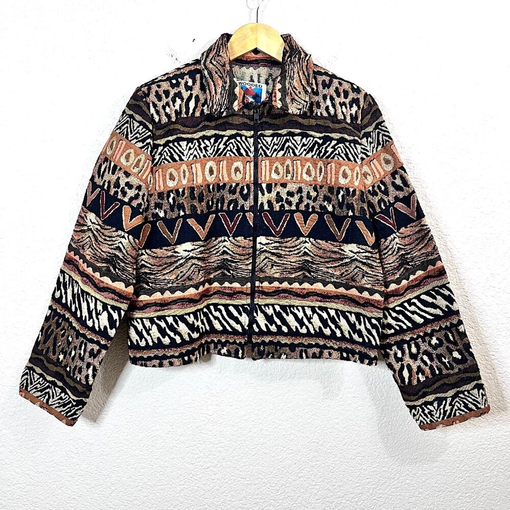 Brown Animal Print Safari Vintage 90s Tapestry Cropped Jacket Women Size M USA
